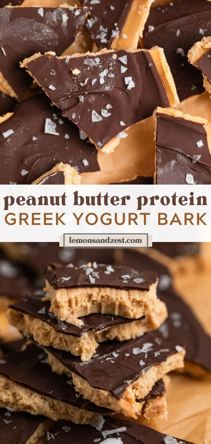 10 Minute Peanut Butter Chocolate Bark dessert with Greek yogurt and chocolate drizzle