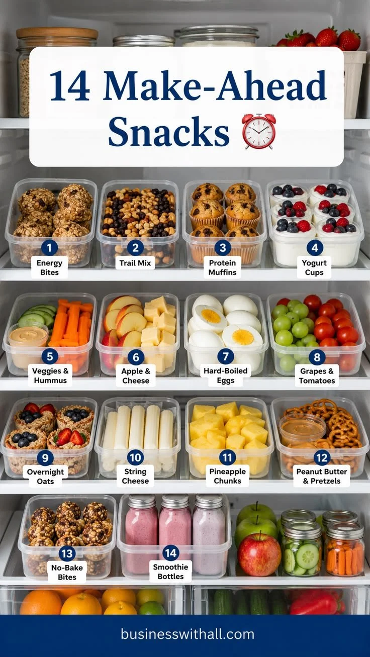 Variety of make-ahead snacks for school in a lunchbox