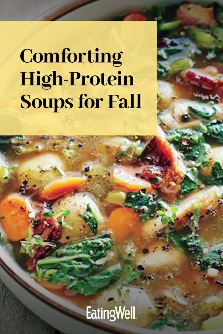 A bowl of high-protein soup filled with vegetables and protein-rich ingredients.
