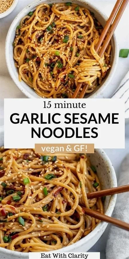 Plate of quick and tasty garlic sesame noodles garnished with green onions.