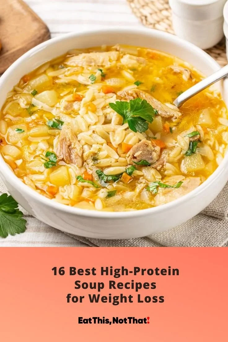 Bowl of high-protein soup with vegetables and herbs for weight loss