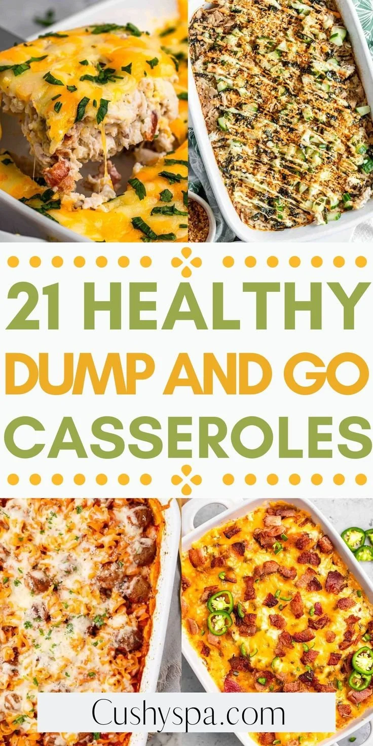 A variety of easy dump and bake casseroles ready to be served.