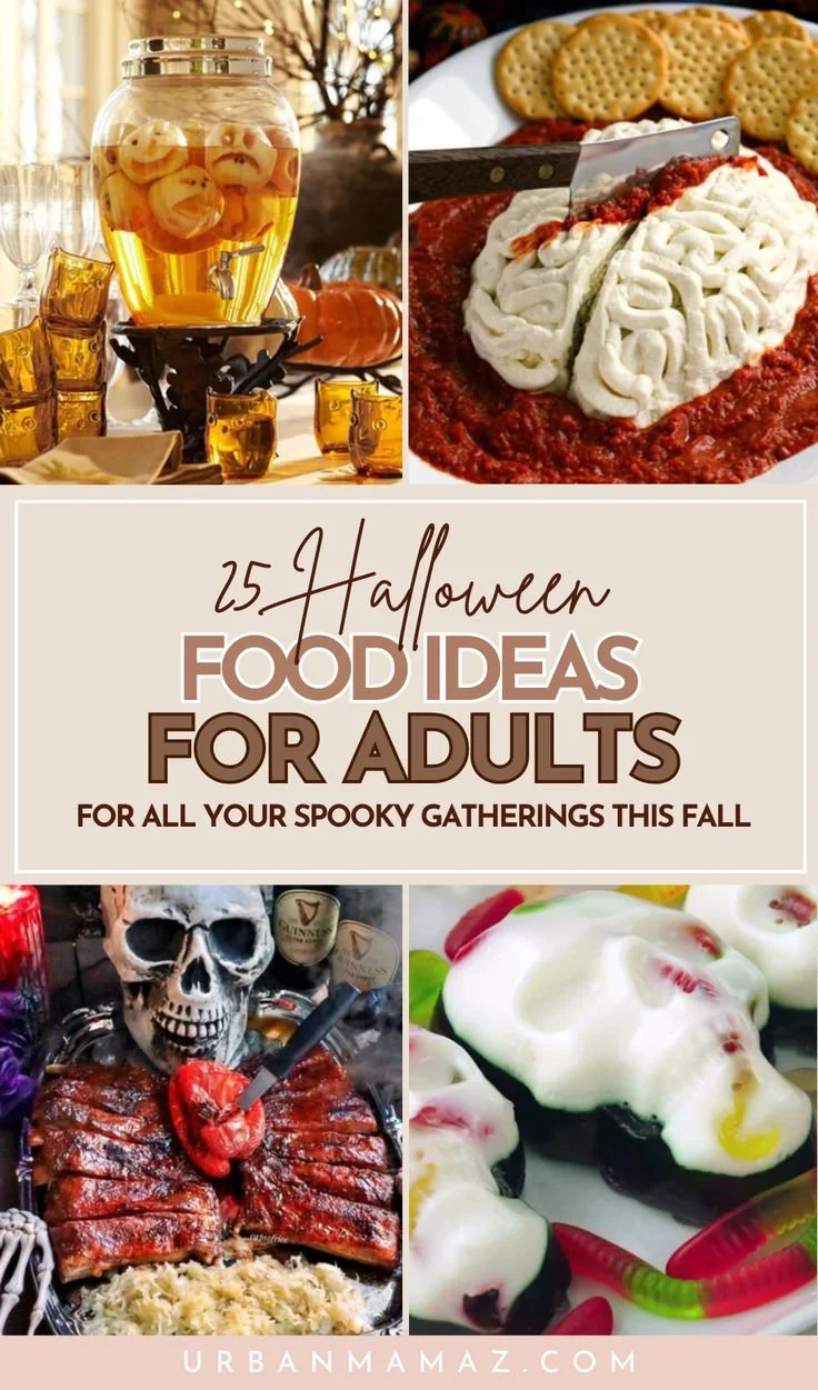 A spread of creative Halloween food ideas for adults at a spooky gathering