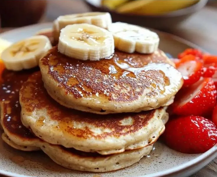 Healthy 3-ingredient banana oatmeal pancakes stacked on a plate