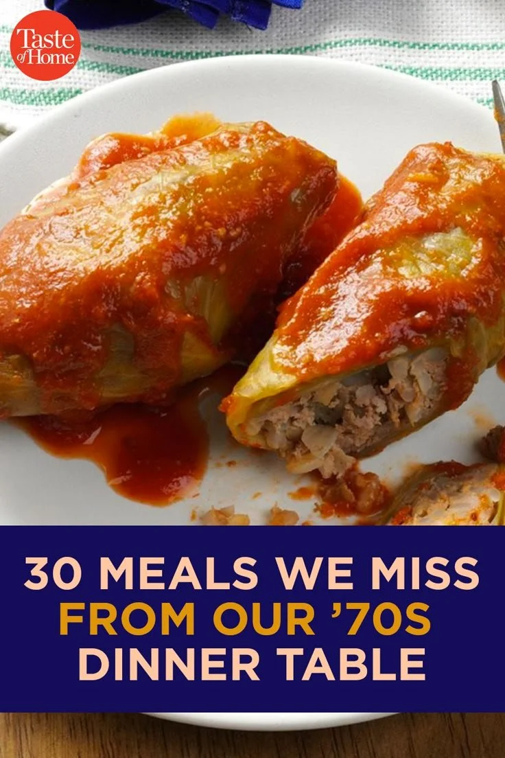 A collection of 70s meals showcasing iconic dishes from vintage dinner tables.