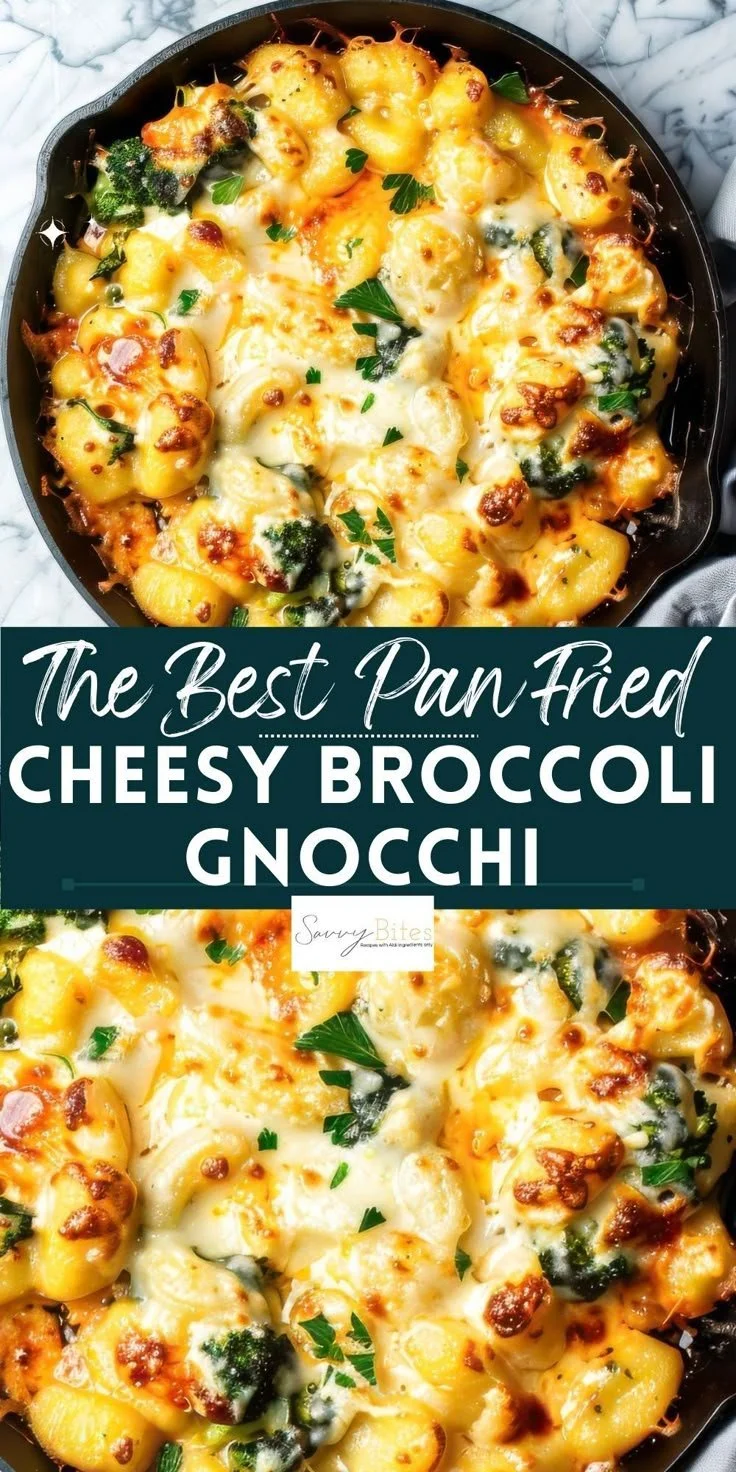 One pan broccoli gnocchi dish cooked and served for a quick meal