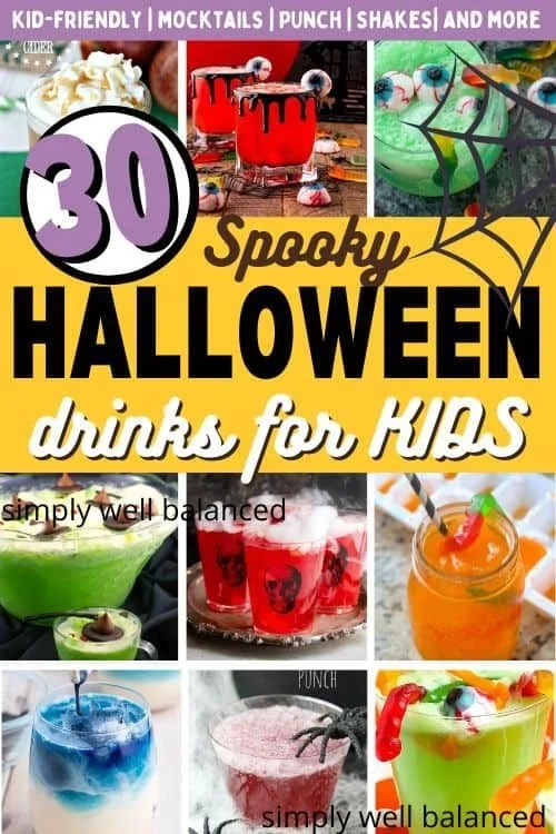 Variety of spooky Halloween drinks for kids in colorful glasses