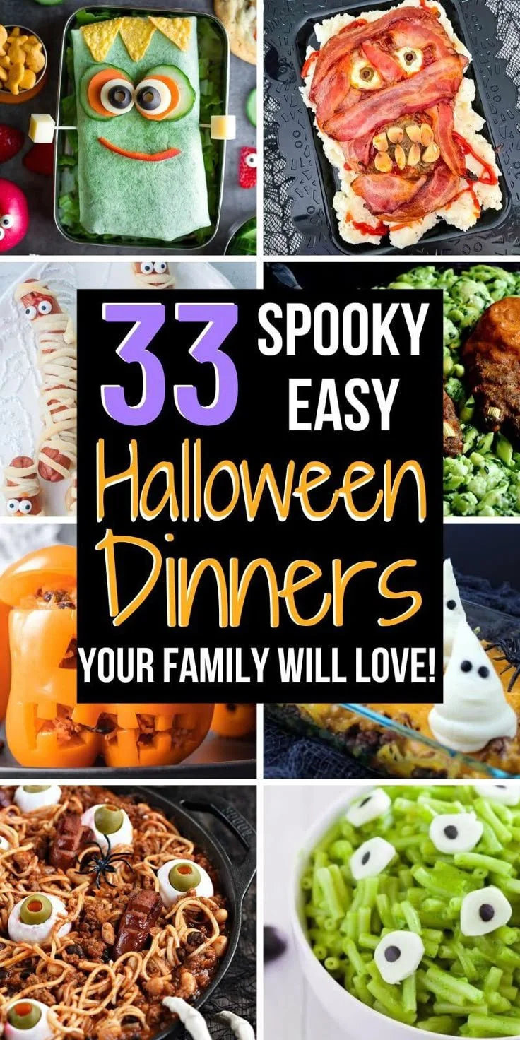 Spooky Halloween dinner ideas featuring cute Halloween food for family gatherings.