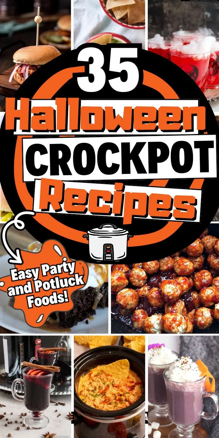 A collection of Halloween Crockpot recipes for spooky party snacks and potluck ideas.