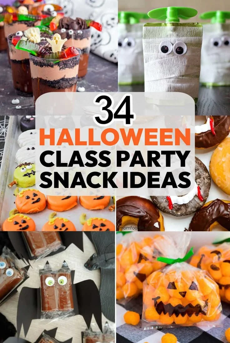Variety of Halloween party snacks for school events, including spooky treats.