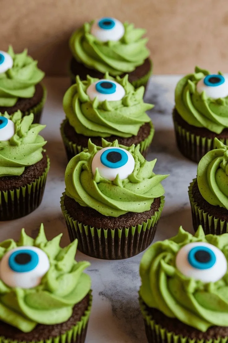A display of spooky Halloween cupcakes decorated with ghosts and pumpkins.