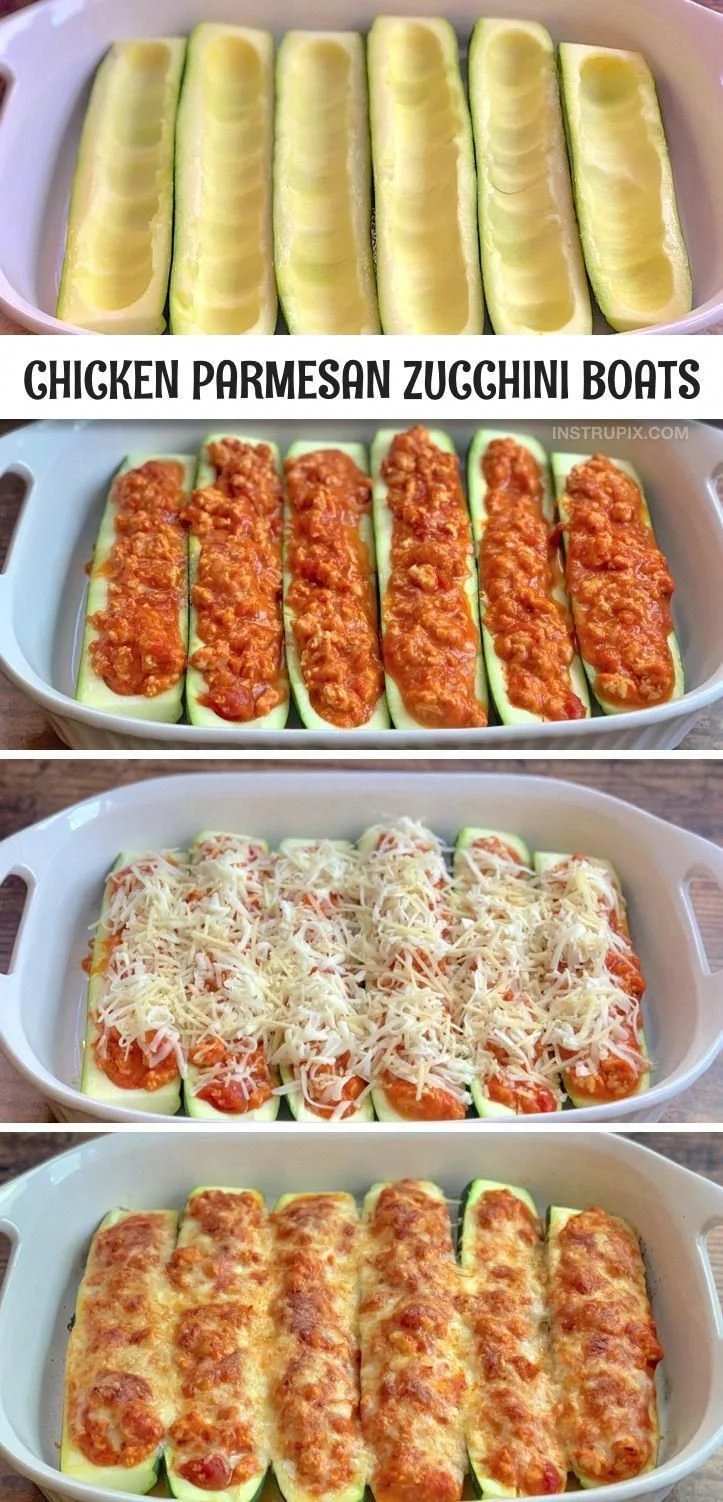 Healthy Chicken Parmesan stuffed zucchini boats ready for a delicious low carb meal