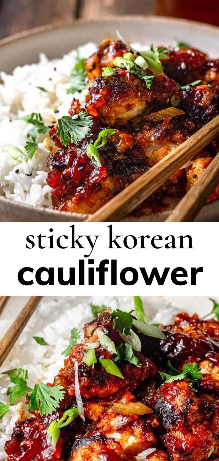 Air-fried Korean chili cauliflower served in a bowl with garnishes