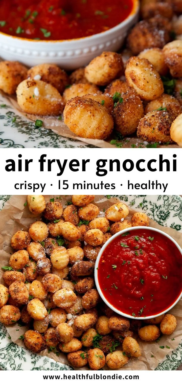 Plate of crispy air fryer gnocchi topped with herbs