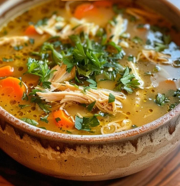 Bowl of anti-inflammatory chicken soup filled with vegetables and herbs