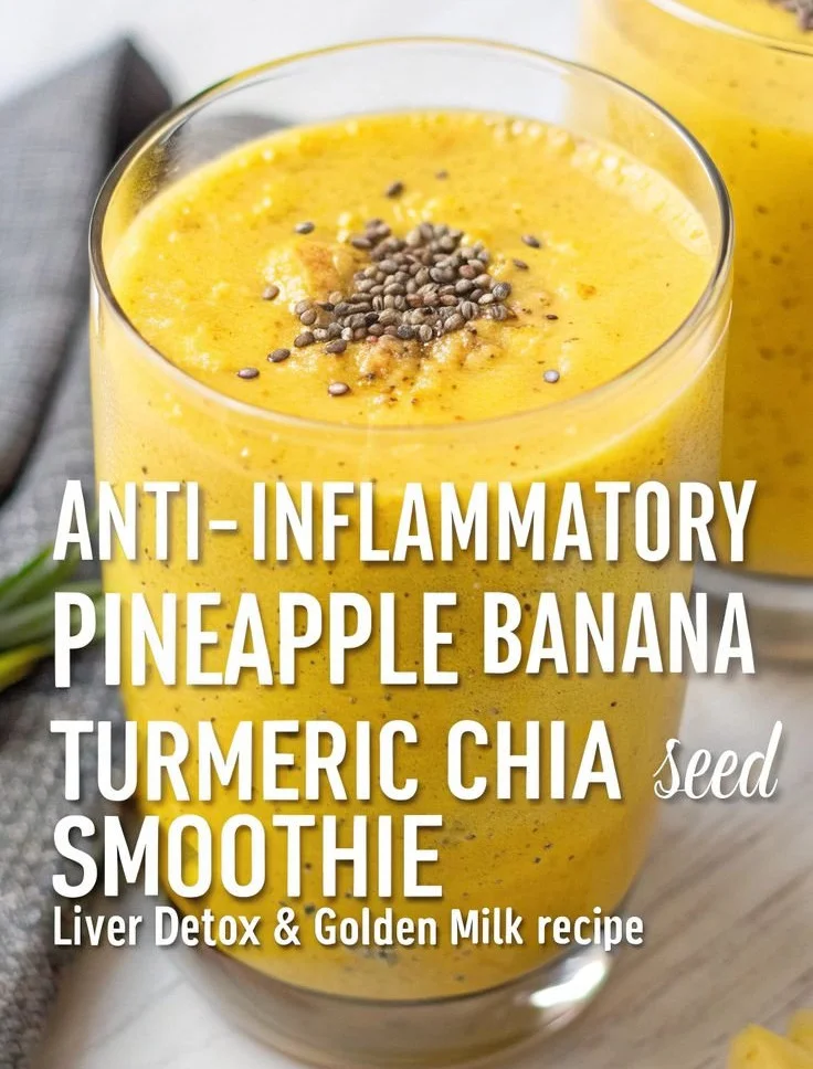 Delicious anti-inflammatory pineapple banana turmeric smoothie in a glass