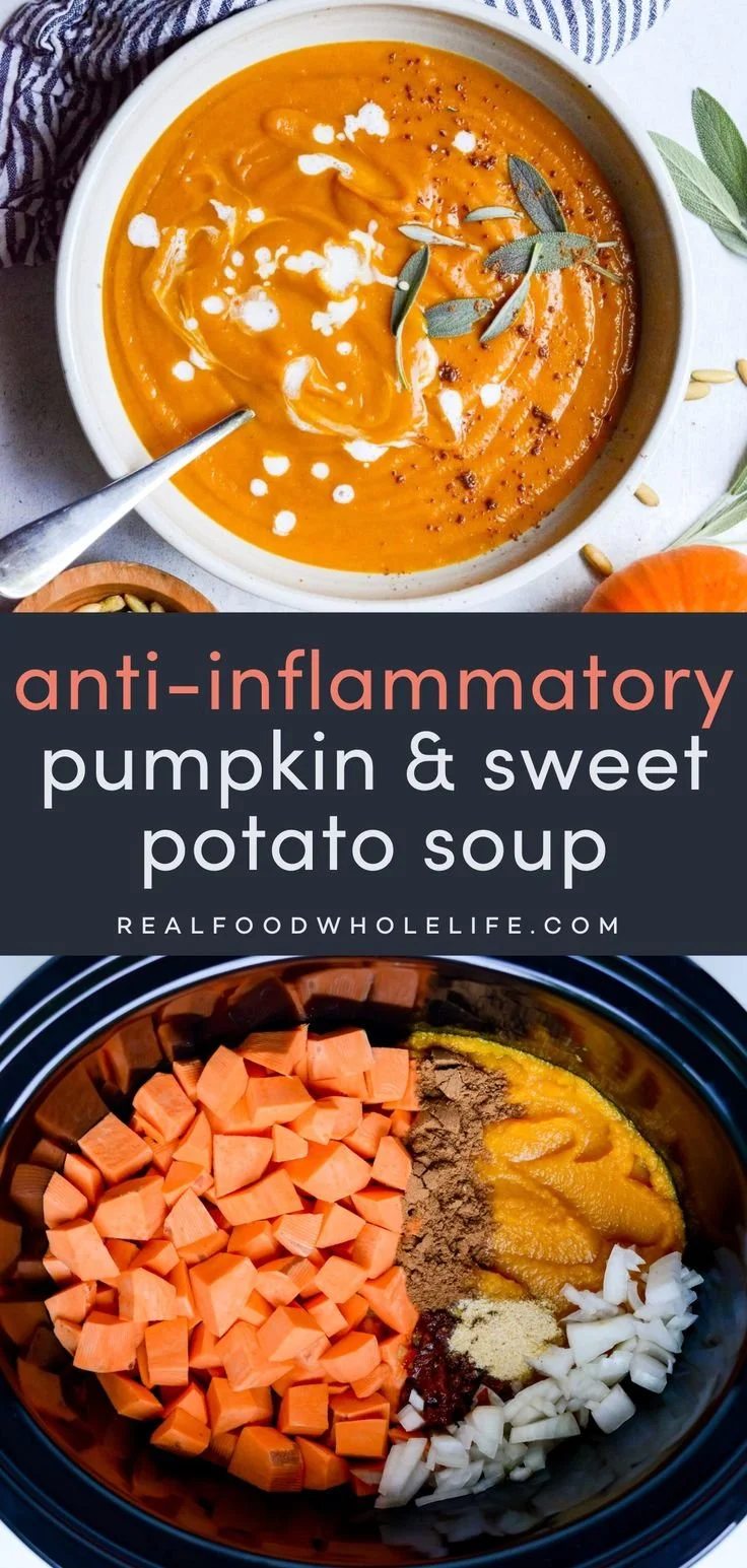 Bowl of anti-inflammatory pumpkin and sweet potato soup with herbs