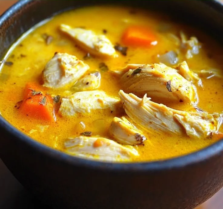 Bowl of anti-inflammatory turmeric chicken soup with fresh herbs and spices