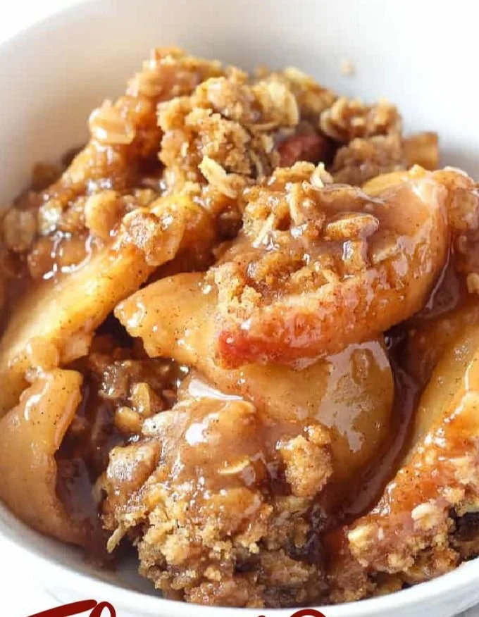 Bowl of freshly baked apple crisp topped with ice cream