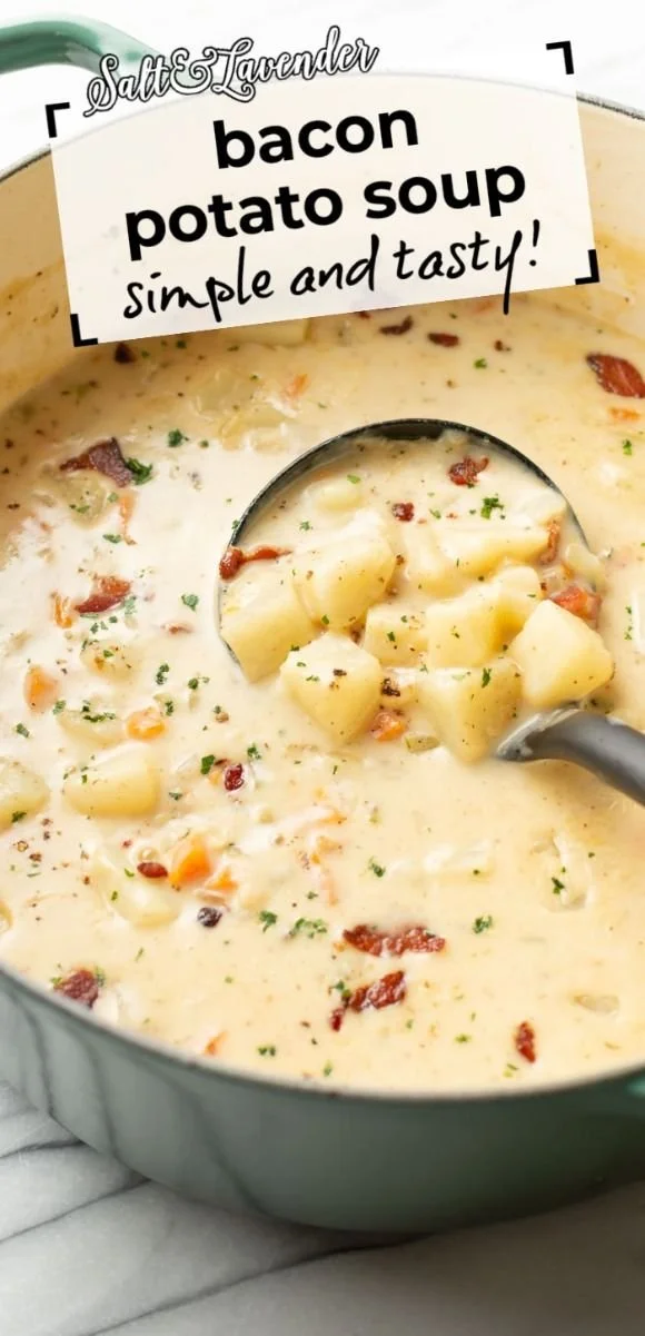Bowl of creamy bacon potato soup garnished with green onions and crispy bacon