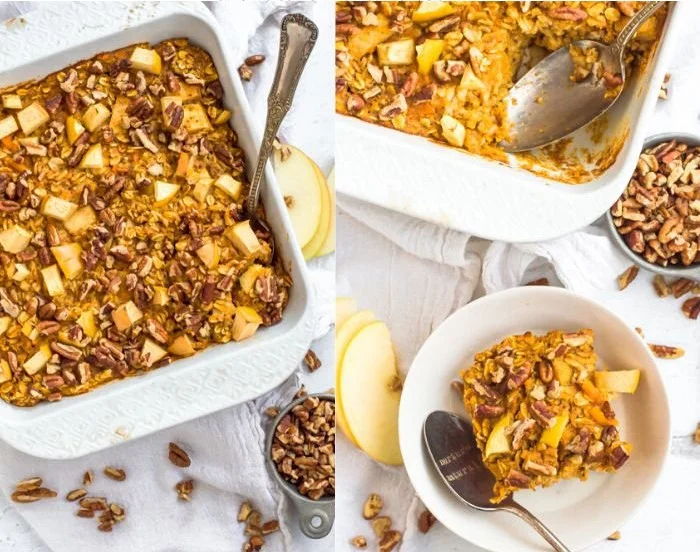 Baked apple sweet potato oats in a bowl, topped with cinnamon and nuts.