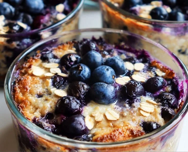 Baked blueberry cottage cheese breakfast bowl topped with fresh blueberries and granola