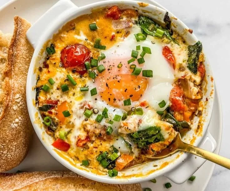 Baked Feta Eggs with Tomatoes and Spinach