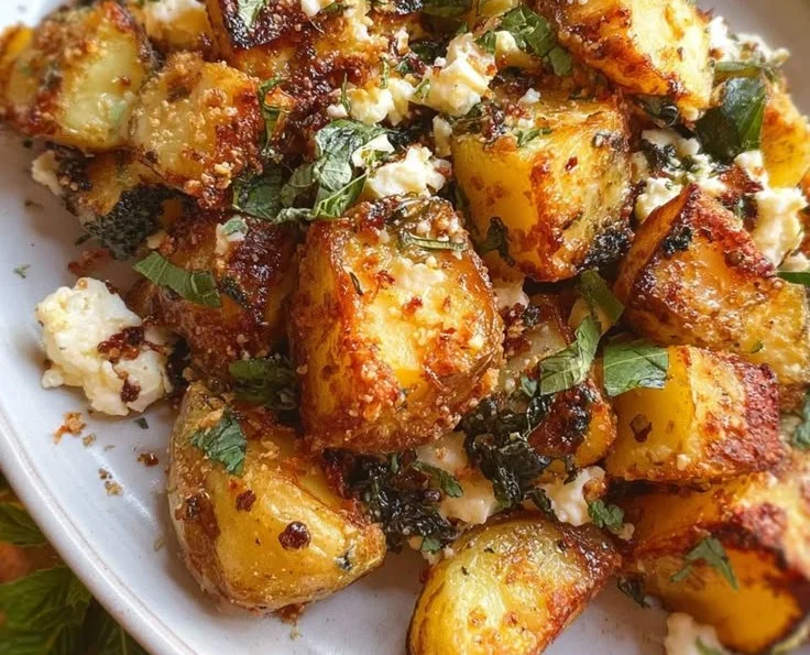 Baked feta potatoes served as a healthy and flavorful dinner dish.