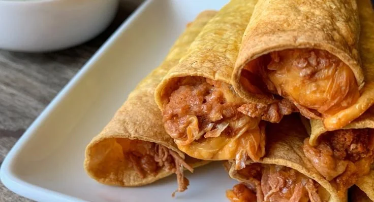 Delicious crispy Bean and Cheese Air Fryer Taquitos served on a plate.