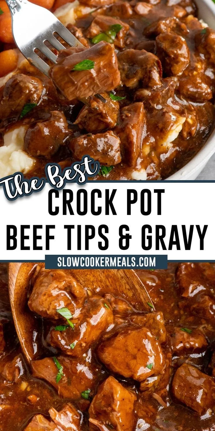 Delicious crock pot beef tips in gravy served with vegetables.