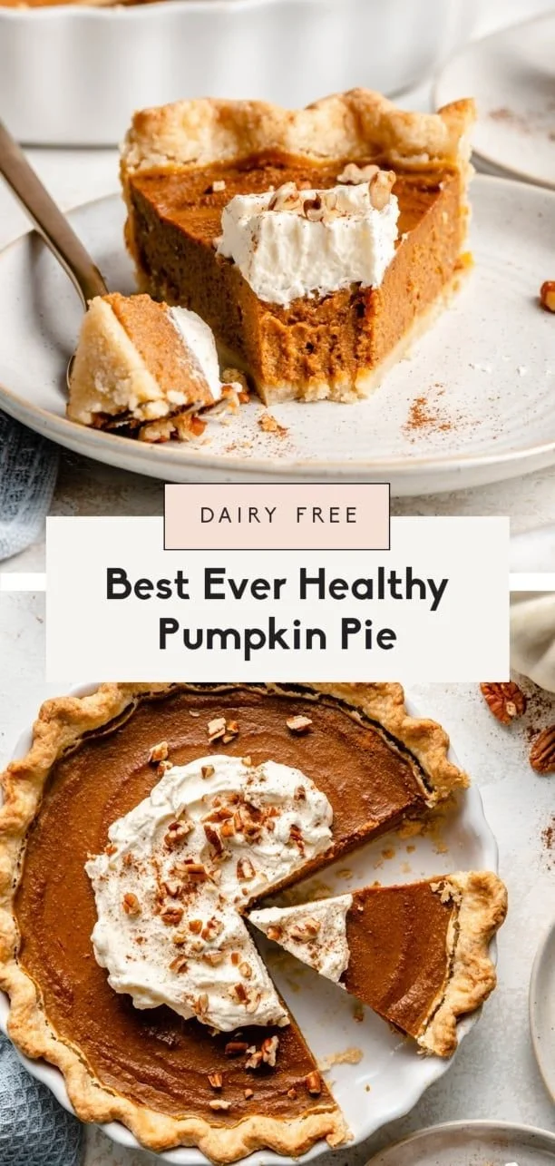 Best ever healthy pumpkin pie topped with whipped cream and spices