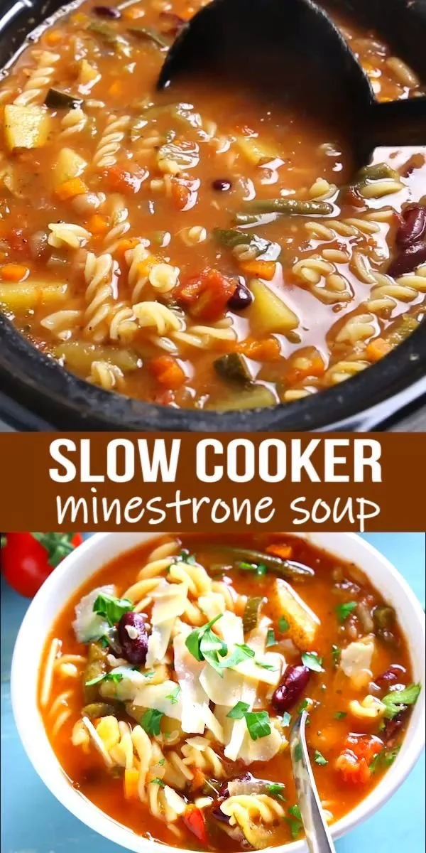 Best ever slow cooker minestrone soup in a bowl with fresh vegetables