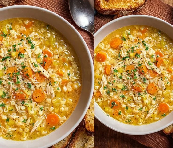 Delicious Italian Penicillin soup with pasta and chicken in a bowl.