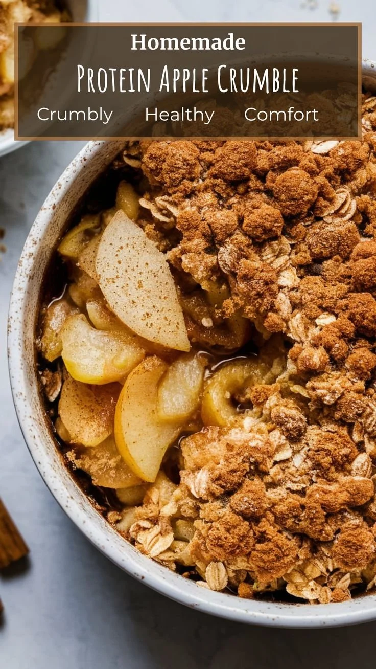 Healthy protein apple crumble dessert topped with oats and nuts