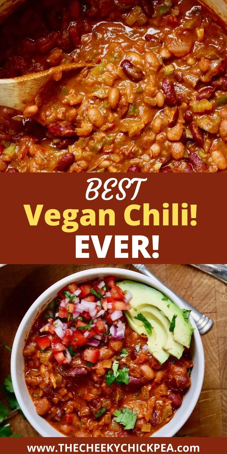 Bowl of the best vegan chili recipe with colorful veggies and beans