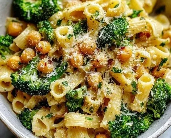 Broccoli Chickpea Pasta tossed in garlic olive oil, featuring vibrant greens.