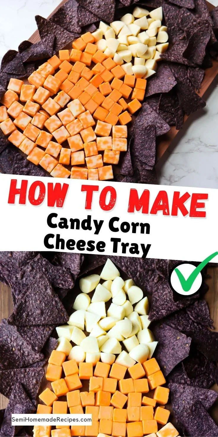 Festive candy corn cheese tray with colorful cheeses and decorations