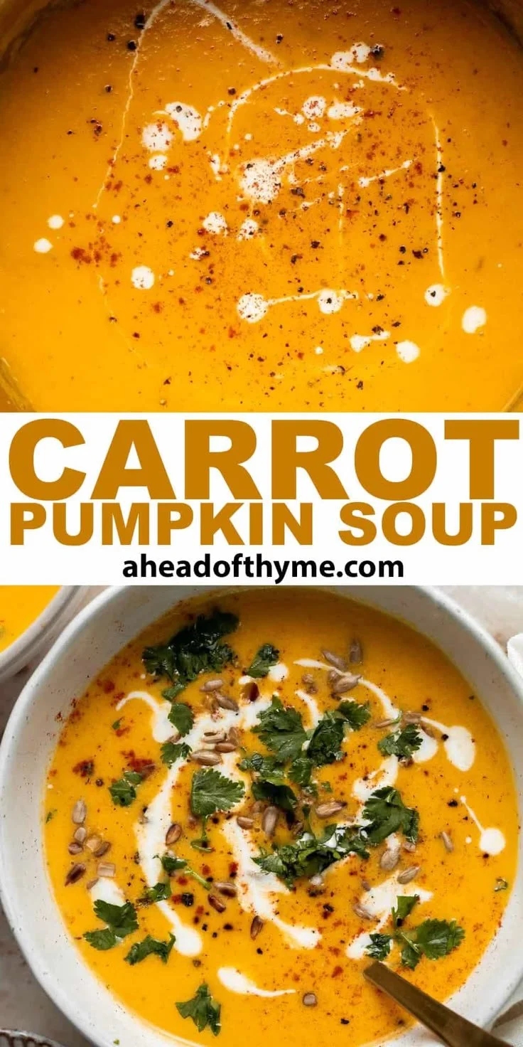 Delicious Carrot Pumpkin Soup served in a bowl with fresh herbs