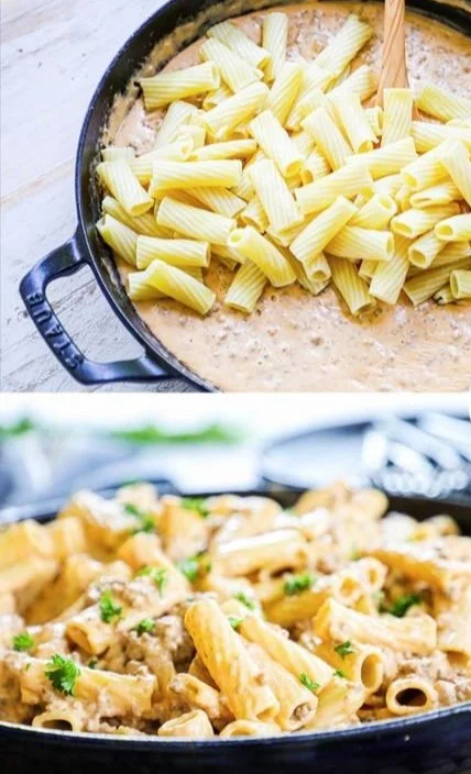 Delicious cheeseburger pasta with cheese, beef, and pasta in a savory sauce