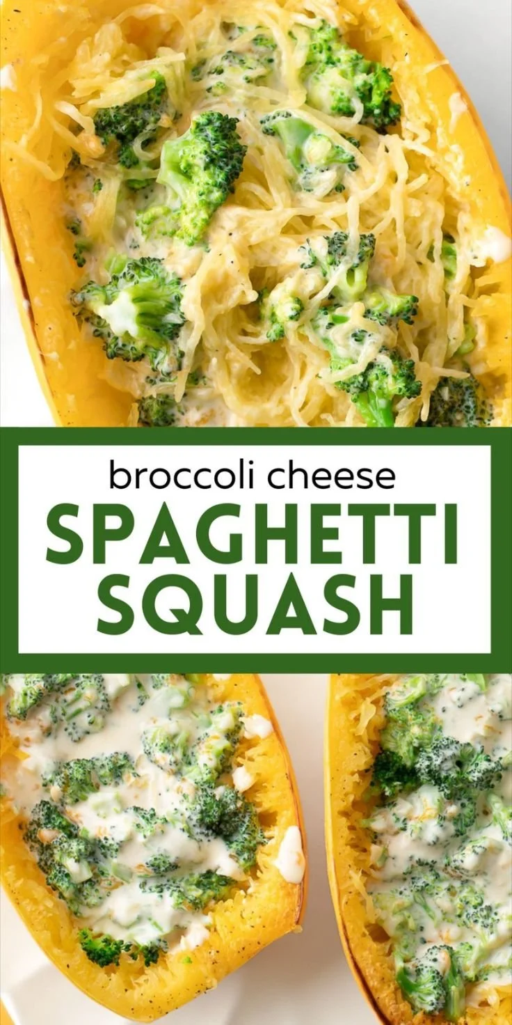 Cheesy broccoli spaghetti squash dish topped with melted cheese and fresh herbs