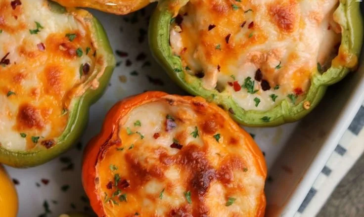 Cheesy Buffalo chicken stuffed peppers filled with flavorful ingredients.