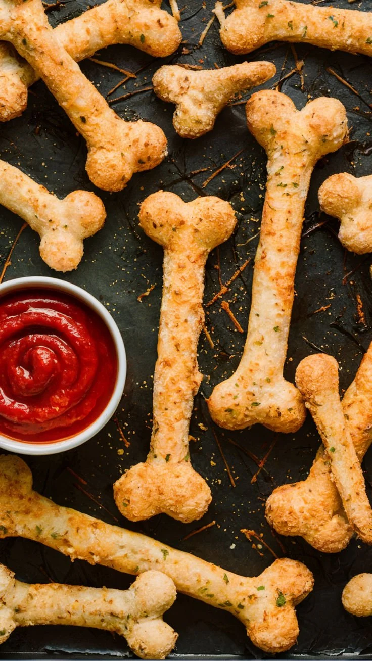 Plate of cheesy Halloween breadstick bones with marinara dip for a spooky treat