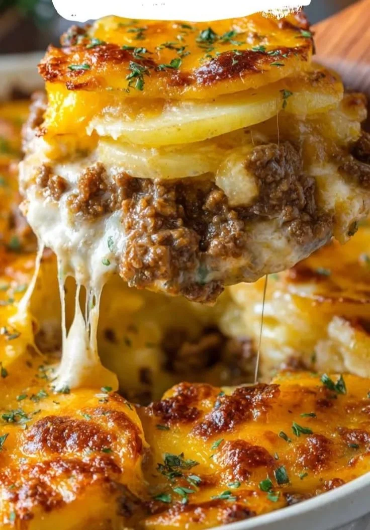 Cheesy hamburger potato casserole topped with melted cheese and fresh herbs