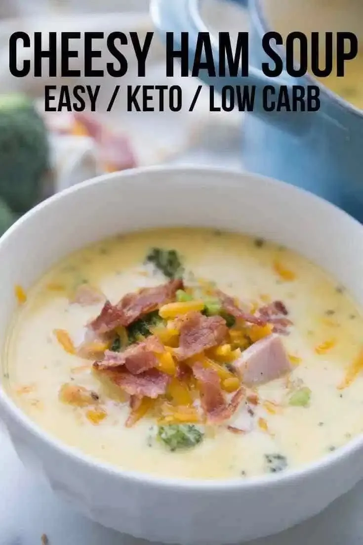 Bowl of cheesy keto ham soup with broccoli, perfect low-carb comfort food.
