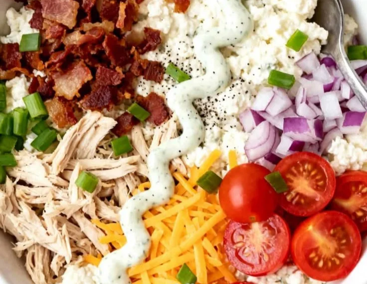High protein Chicken Bacon Ranch Bowl with cottage cheese, bacon, and chicken