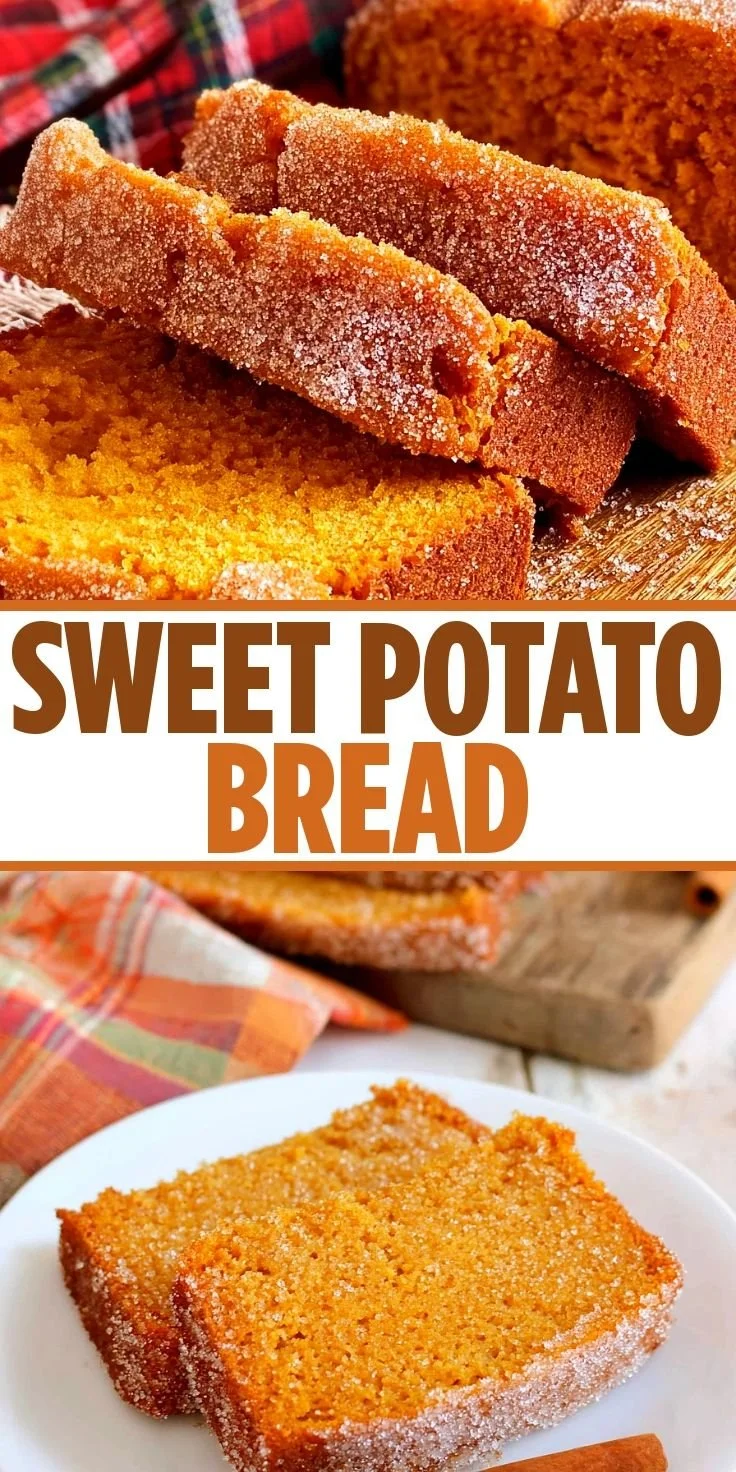 Loaf of classic sweet potato cinnamon bread with a slice cut out