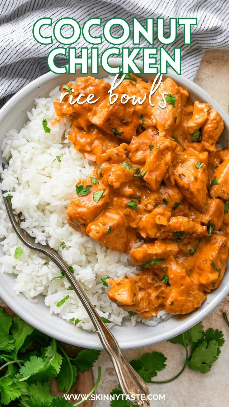 Coconut Chicken Rice Bowl garnished with fresh herbs and vegetables