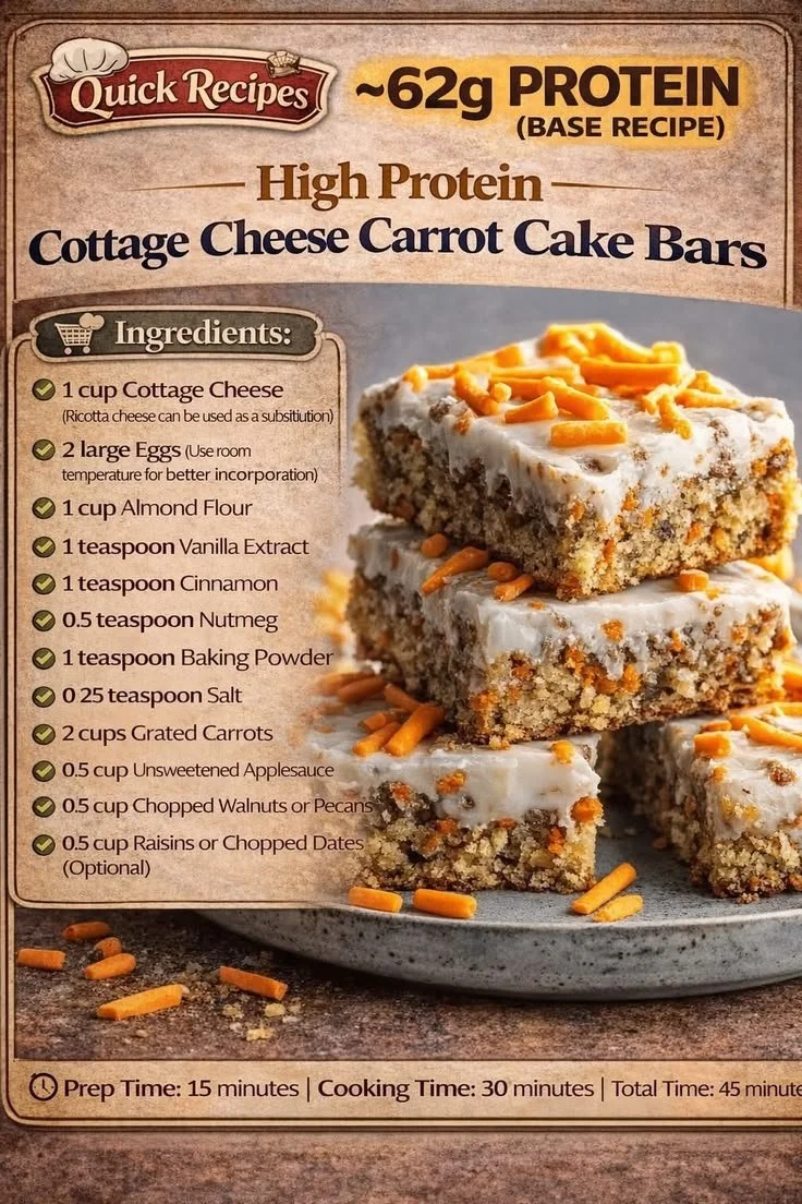 Cottage cheese carrot cake bars topped with cream cheese frosting