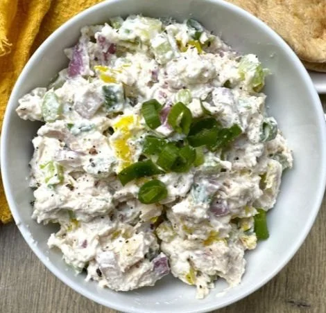 Cottage Cheese Chicken Salad with Banana Peppers served in a bowl