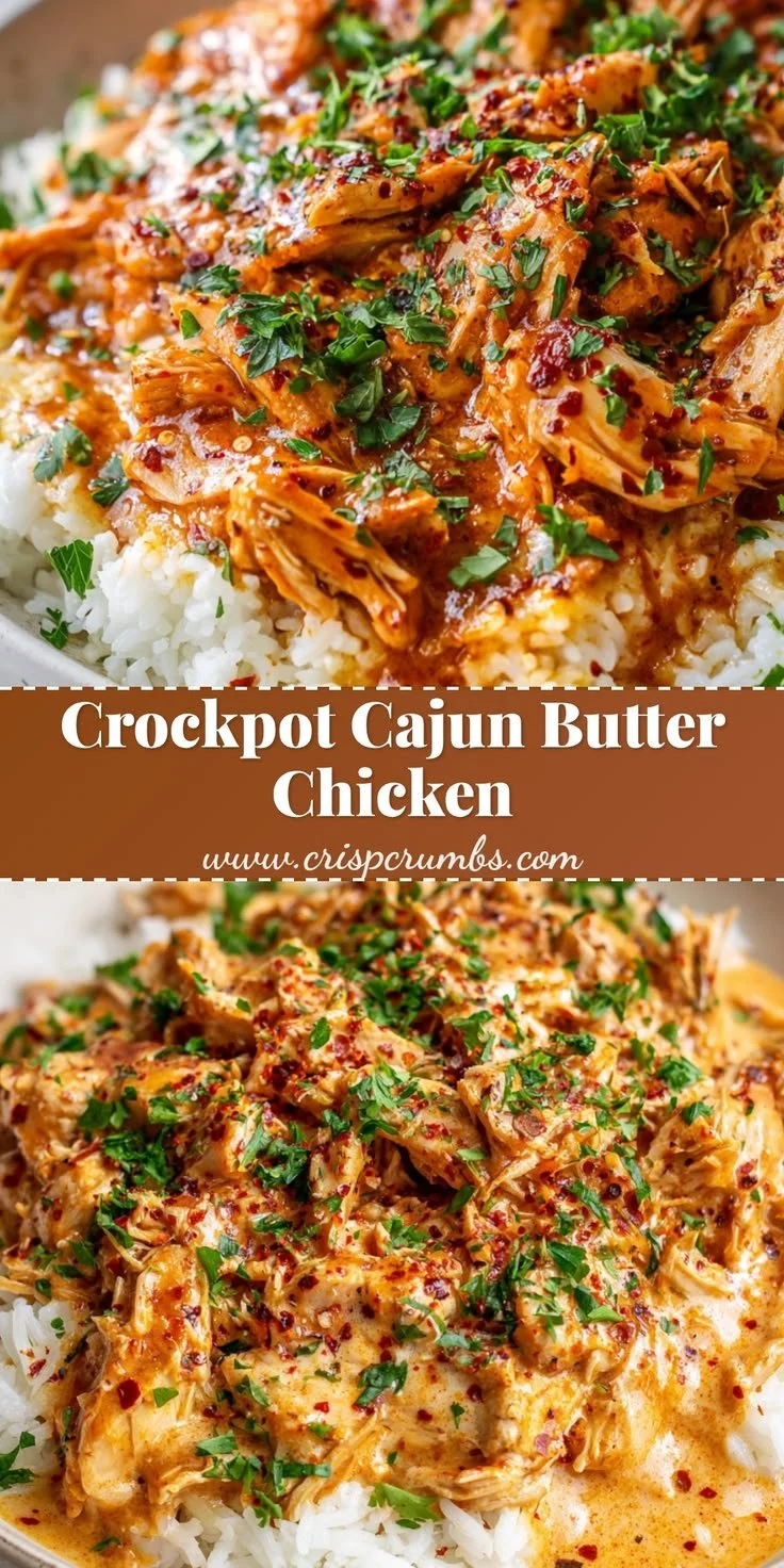 Creamy Crockpot Cajun Butter Chicken in a bowl garnished with herbs